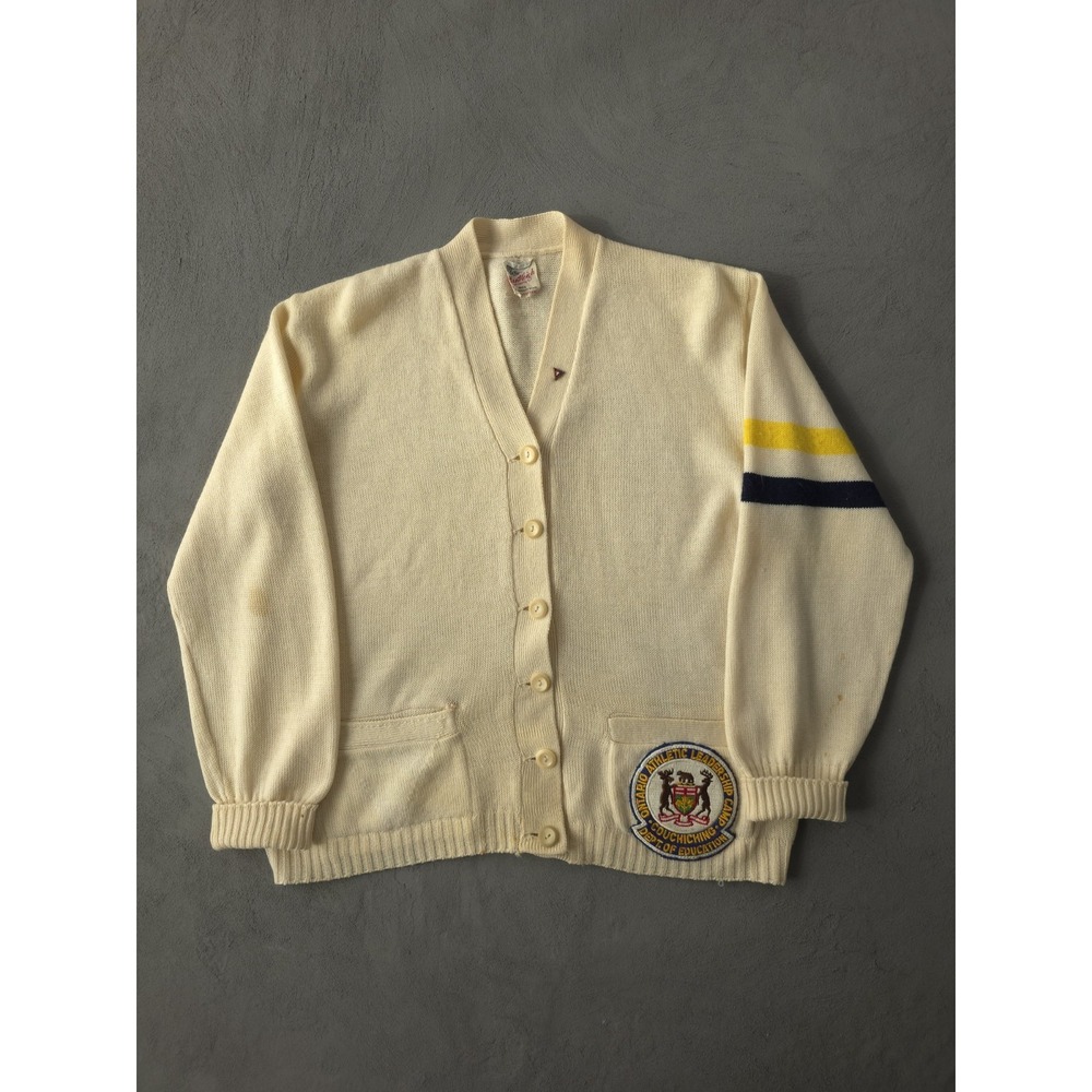 Vintage 1950s Ontario Athletic Leadership Camp Ivory Wool Cardigan Sweater L WMN